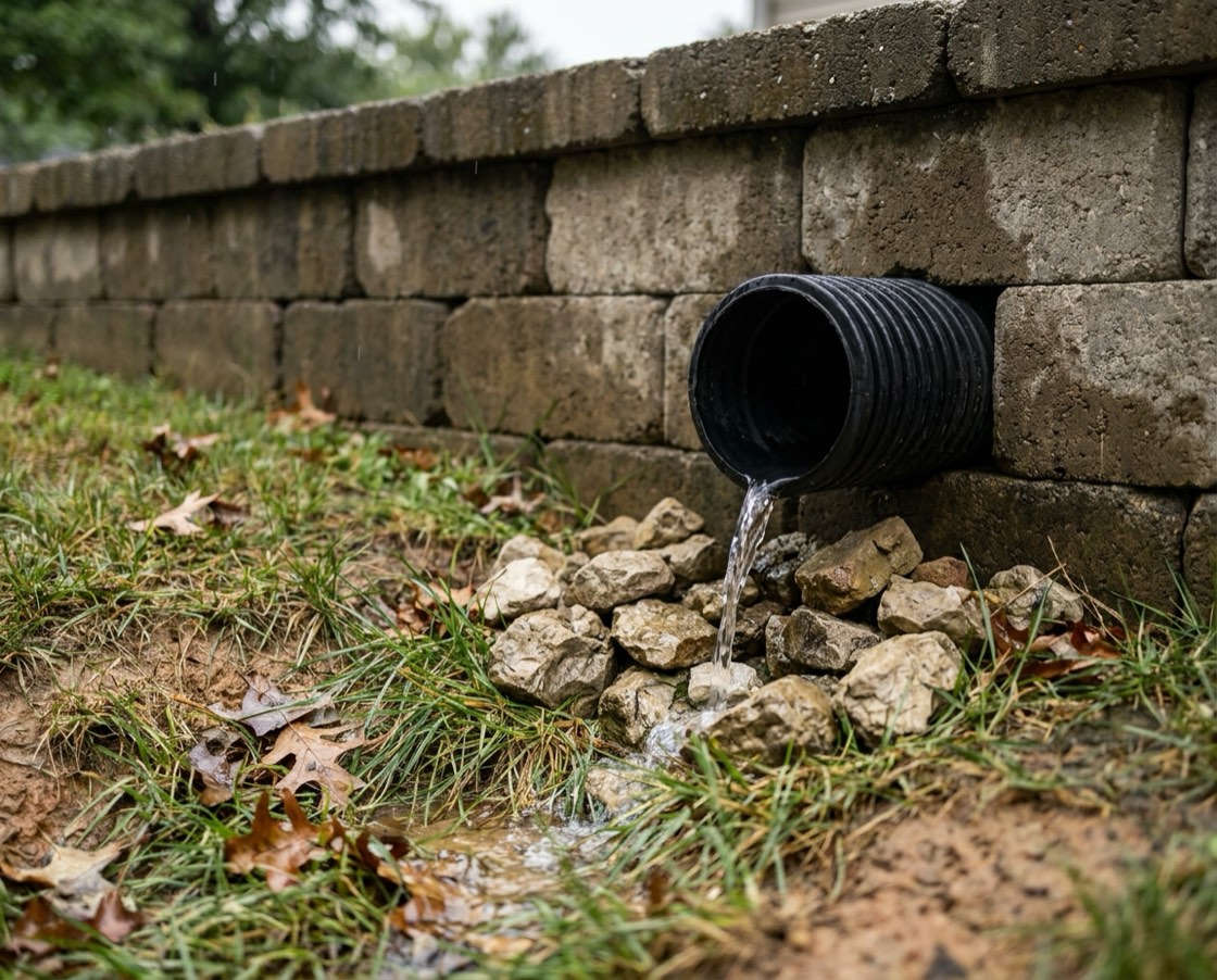 A black drain pipe daylighting through the bottom course of a segmental block retaining wall, running clear rainwater onto a splash pad of limestone rock in a wet lawn after a storm.