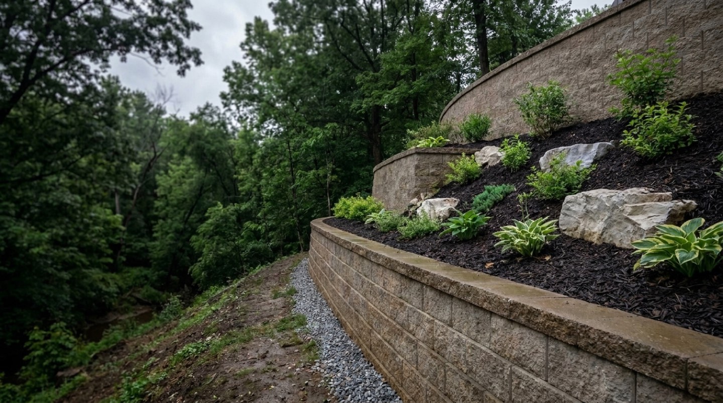 A curved two-tier segmental block retaining wall terracing a sloped back yard above a wooded creek draw, with a mulched planting bed and limestone accent boulders between the tiers and a gravel drainage course along the base.